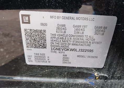 2020 Chevrolet Traverse Awd Lt Cloth z USA, uszkodzony, nr VIN 1GNEVGKW0LJ322595